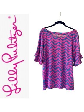 Lilly Pulitzer Lula Ruffle Sleeve Top Large Coastal Casual